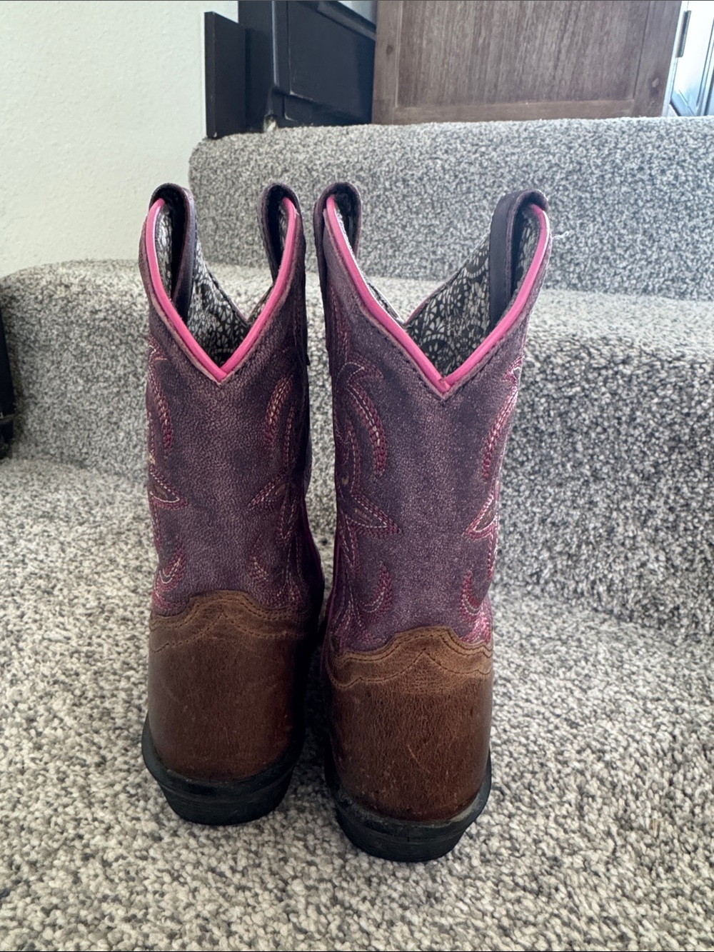 Dan Post Girls Brown Leather & Purple Shaft Cowboy Boots with Pink Trim - Picture 6 of 6